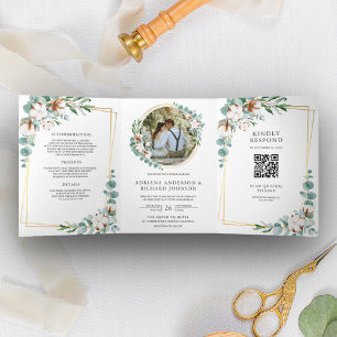 Eukalyptus QR Code Hochzeit von Rustic Gold Cotton Dreifach Gefaltete Einladung