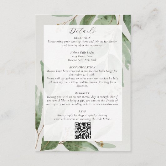 Eukalyptus QR Code Hochzeitdetails Begleitkarte (Vorderseite)