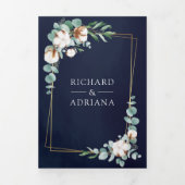 Eukalyptus QR Code Navy Wedding Dreifach Gefaltete Einladung (Cover)