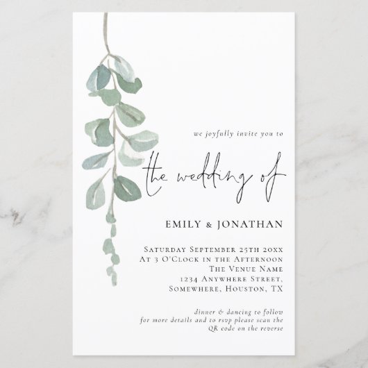 Eukalyptus QR Code Skript Einladung zur Hochzeit (Vorderseite)