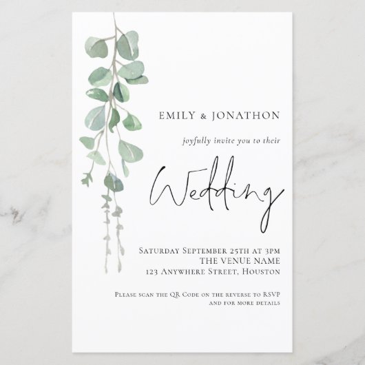 Eukalyptus QR Code Skript Einladung zur Hochzeit (Vorderseite)