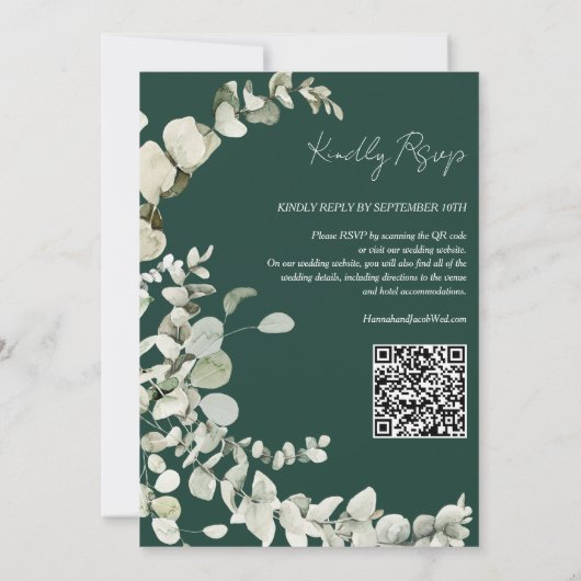 Eukalyptus QR Code Smaragdgrüne Hochzeit Einladung (Rückseite)