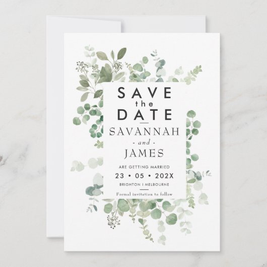 Eukalyptus-Rahmengrün-Hochzeit rettet das Datum Einladung (Vorderseite)