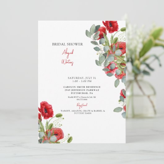 Eukalyptus Red Floral Brautparty Invita Einladung (Stehend Vorderseite)