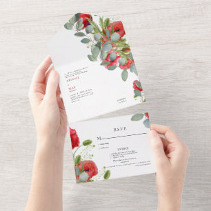 Eukalyptus Red Floral Wedding All In One Einladung