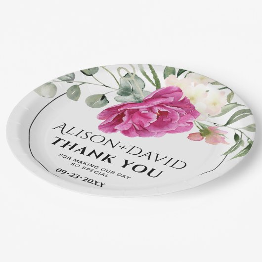 Eukalyptus, Rosa-Blume-Hochzeit Pappteller (Schrägansicht)