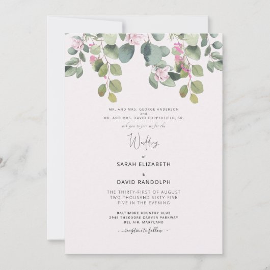 Eukalyptus & Rosa-Hochzeit Einladung (Vorderseite)