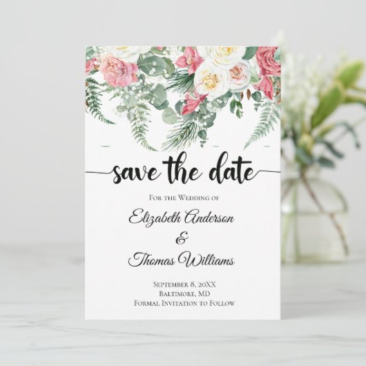 Eukalyptus Rosa Rose Save the Date Einladung (Stehend Vorderseite)