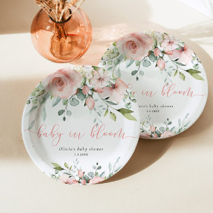 Eukalyptus-Rosé-Blüten-Babyshower für das Baby in  Pappteller
