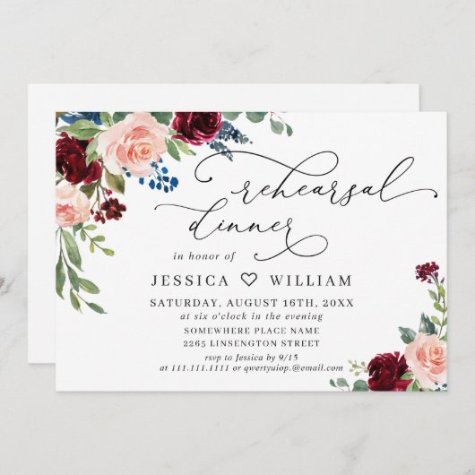 Eukalyptus-Rose der Burgundy-Marine PROBE DINNER Einladung (Vorne/Hinten)