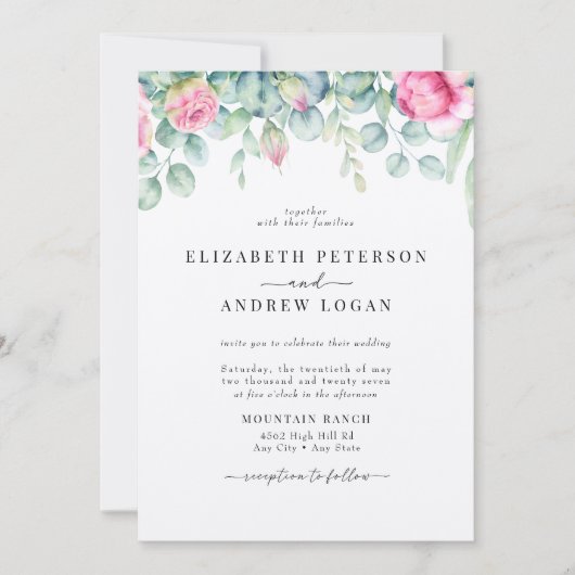 Eukalyptus-Rose | Elegant Boho Greenerity Wedding Einladung (Vorderseite)