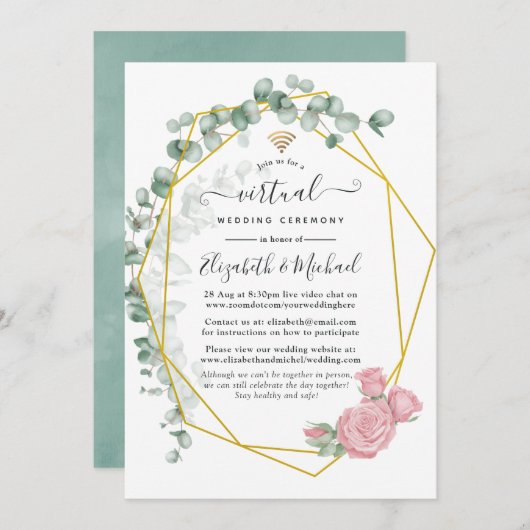 Eukalyptus Rose Geometric Online Virtual Wedding Einladung (Vorne/Hinten)