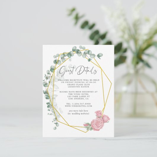 Eukalyptus Rose Geometric Wedding Guest Details Begleitkarte (Stehend Vorderseite)