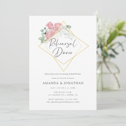Eukalyptus Rose Geometric Wedding Probe Dinner Einladung (Stehend Vorderseite)