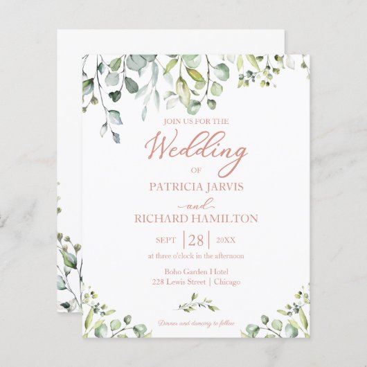 Eukalyptus Rose Gold Budget Einladung zur Hochzeit (Vorne/Hinten)