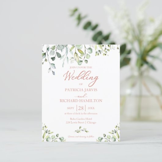 Eukalyptus Rose Gold Budget Einladung zur Hochzeit (Stehend Vorderseite)