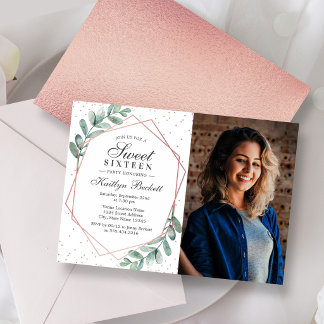 Eukalyptus Rose Gold Geometric 16 . Geburtstag Fot Einladung