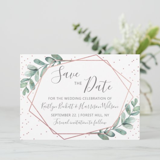 Eukalyptus Rose Gold Geometric Wedding Save The Date (Stehend Vorderseite)