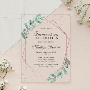 Eukalyptus Rose Gold Quinceñera 15. Geburtstag Acryleinladungen