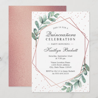 Eukalyptus Rose Gold Quinceñera 15. Geburtstag Einladung