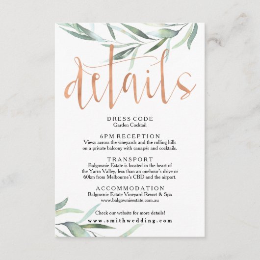 Eukalyptus Rose Gold Wedding Details Card Begleitkarte (Vorderseite)