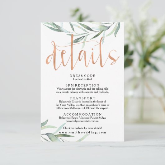 Eukalyptus Rose Gold Wedding Details Card Begleitkarte (Stehend Vorderseite)