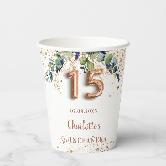 Eukalyptus-Rose Goldname Pappbecher (Rückseite)