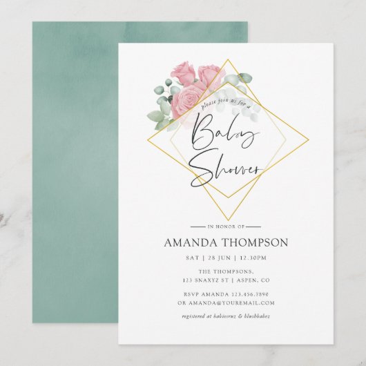 Eukalyptus-Rose Wasserfarbe Geometrische Babydusch Einladung (Vorne/Hinten)