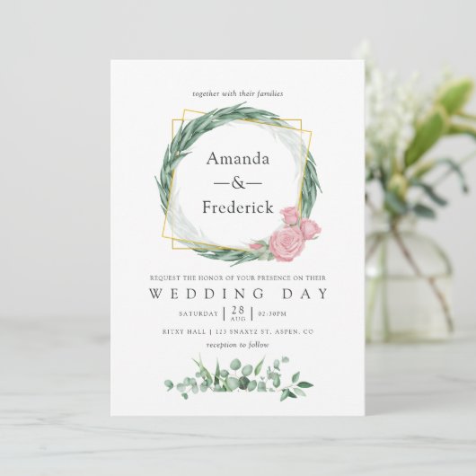 Eukalyptus-Rose Wasserfarbe Geometrische Hochzeit Einladung (Stehend Vorderseite)