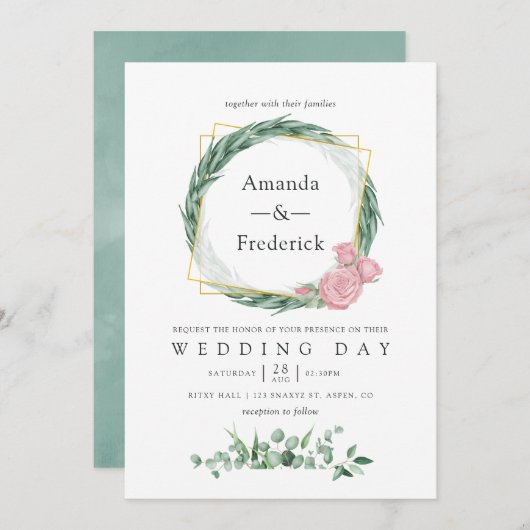 Eukalyptus-Rose Wasserfarbe Geometrische Hochzeit Einladung (Vorne/Hinten)