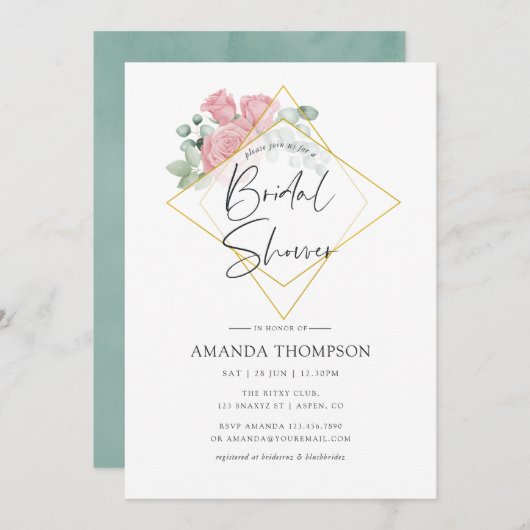 Eukalyptus-Rose Wasserfarbe Geometrisches Brautpar Einladung (Vorne/Hinten)