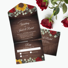 Eukalyptus-Rote Rosen Rustikale Hochzeit All In One Einladung