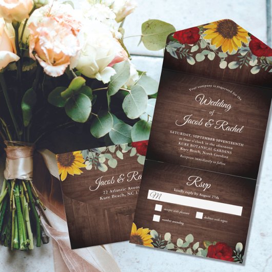 Eukalyptus-Rote Rosen Rustikale Hochzeit All In One Einladung