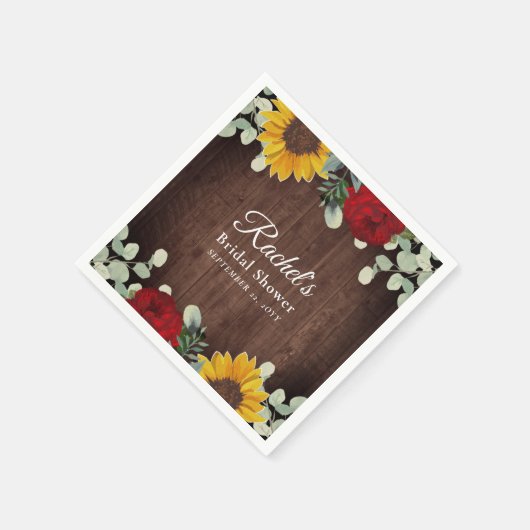 Eukalyptus-Rote Rosen Sonnenblumen Brautparty Serviette (Ecke)