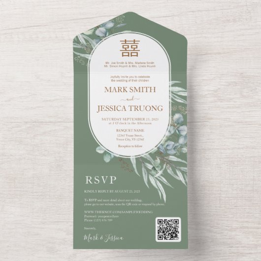 Eukalyptus Round-Frame-Chinesische Hochzeit All In One Einladung (Innen Boden)