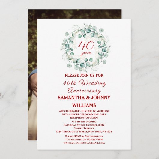 Eukalyptus Ruby 40. Hochzeitliches Foto Einladung (Vorne/Hinten)