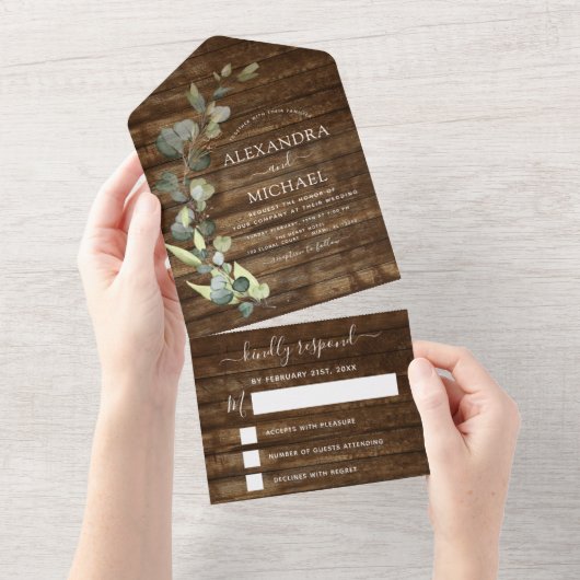 Eukalyptus Rustic Country Wood Wedding RSVP All In One Einladung (Abreißen)