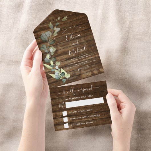 Eukalyptus Rustic Country Wood Wedding RSVP All In One Einladung