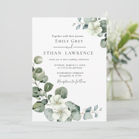Eukalyptus Rustic Greenerity Wedding Einladung (Stehend Vorderseite)