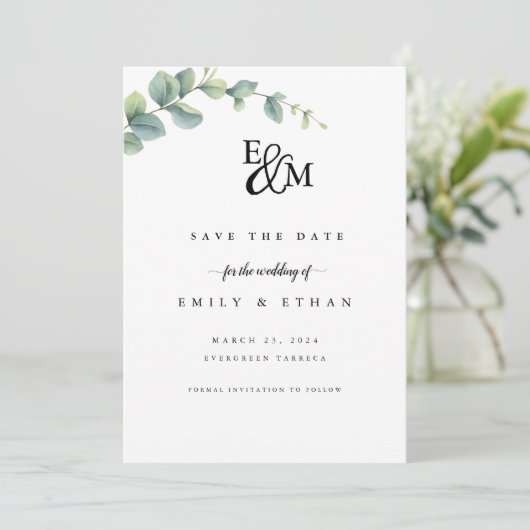 Eukalyptus Rustic Greenerity Wedding Save The Date (Stehend Vorderseite)