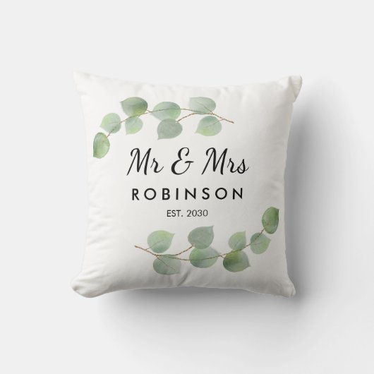 Eukalyptus Rustic Modern Mr. and Mrs Wedding Gift Kissen (Vorderseite)