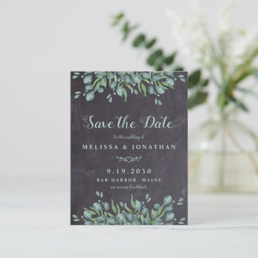 Eukalyptus Rustic QR Code Wedding Save the Date Postkarte (Stehend Vorderseite)