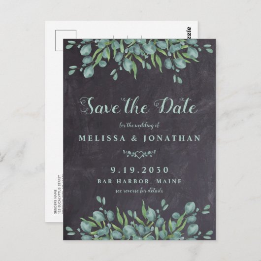 Eukalyptus Rustic QR Code Wedding Save the Date Postkarte (Vorne/Hinten)