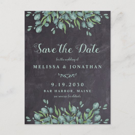 Eukalyptus Rustic QR Code Wedding Save the Date Postkarte (Vorderseite)