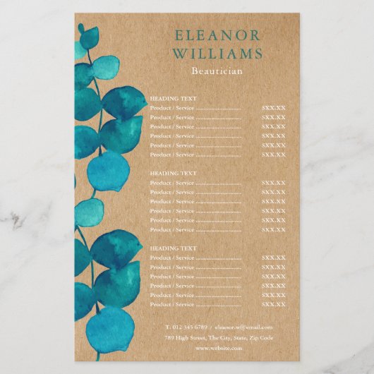 Eukalyptus Rustic Salon Service Menu Flyer (Vorne)