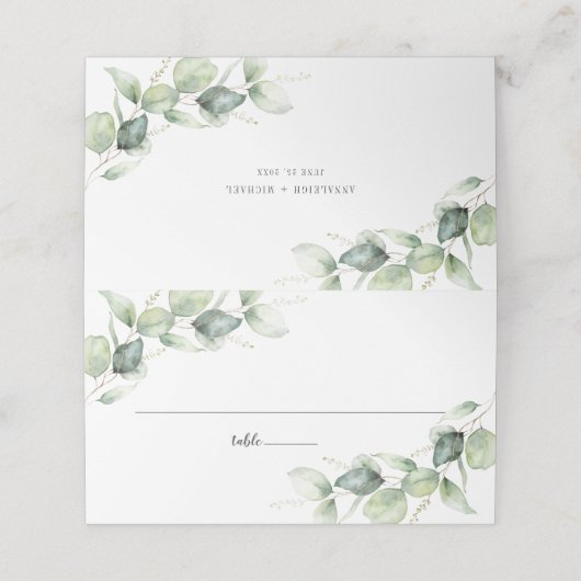 Eukalyptus Rustic Script Greenery Wedding Table Platzkarte (Außenseite Aufgefaltet)