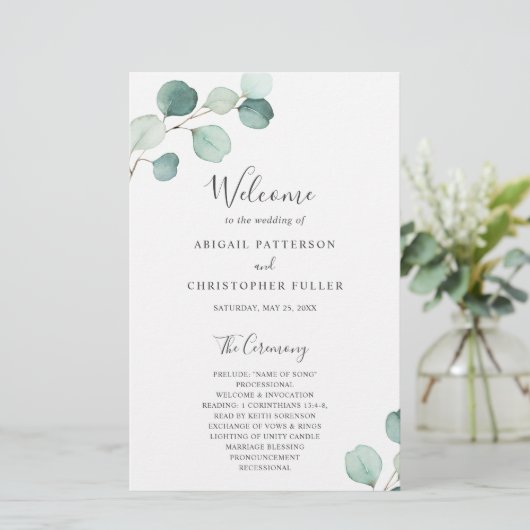 Eukalyptus Rustic Wedding Program Simple Greenery (Stehend Vorderseite)