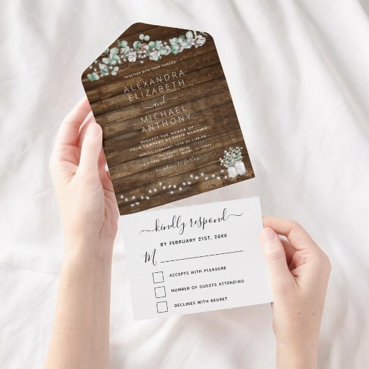 Eukalyptus Rustic Wedding String Lichter alle in e All In One Einladung