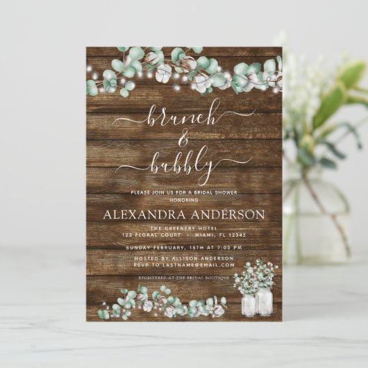 Eukalyptus Rustic Wood Brunch & Bubbly Lights Jar Einladung (Stehend Vorderseite)