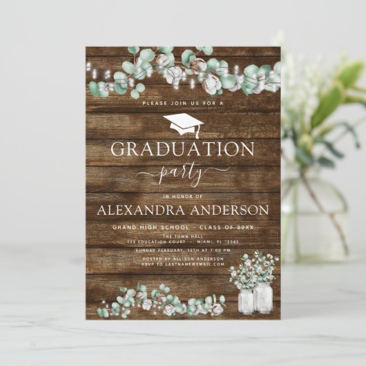 Eukalyptus Rustic Wood Graduation Party 2023 Einladung (Stehend Vorderseite)
